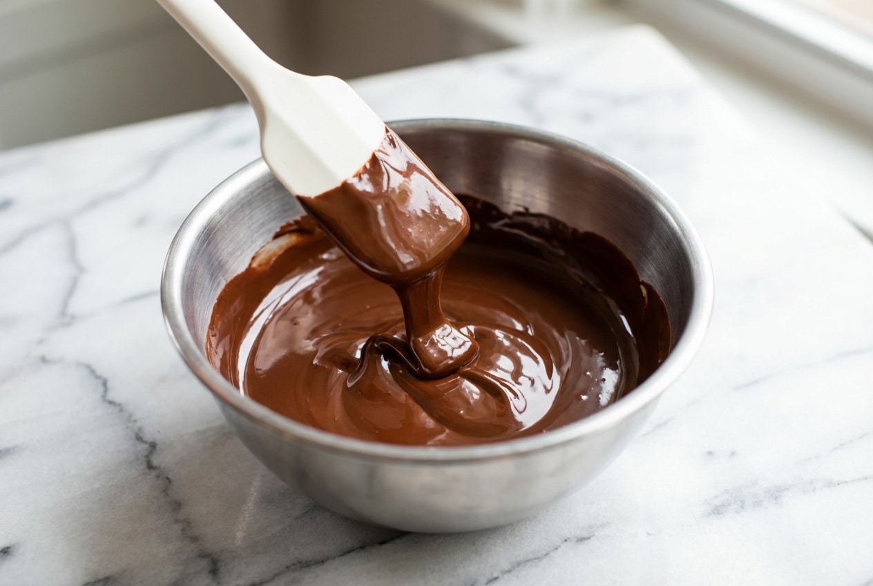 Glossy liquid chocolate swirling in a bowl showing how to melt chocolate using the silky sheen oil hack.