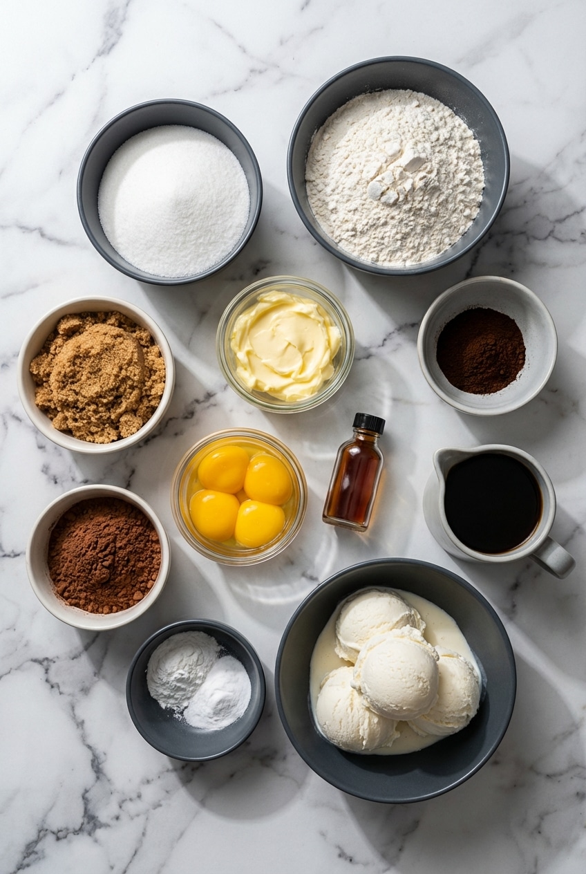 Pantry staples for ice cream sandwiches featuring Dutch-process cocoa, malt powder, and espresso powder on a baking mat.