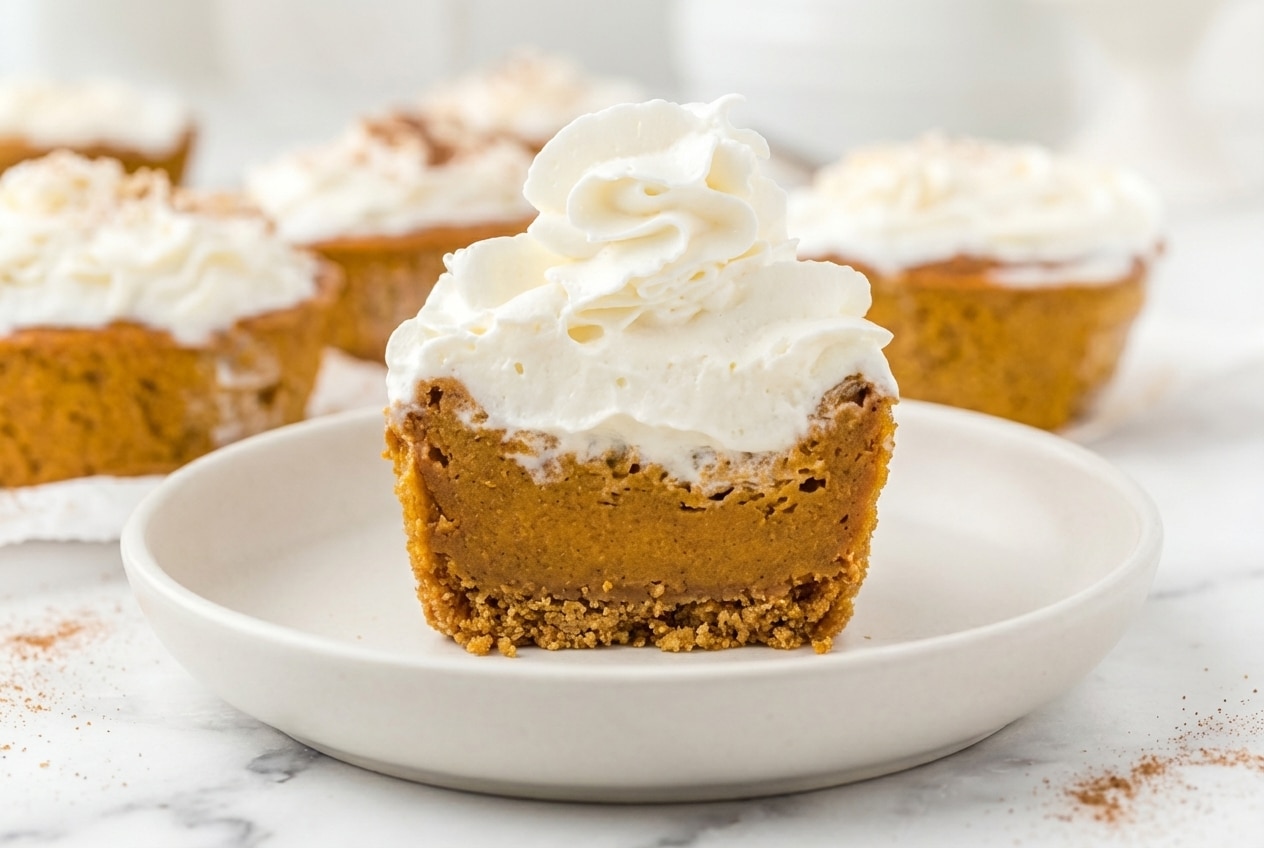 Impossible pumpkin pie cupcakes with a crunchy gingersnap sand base in a silicone liner.
