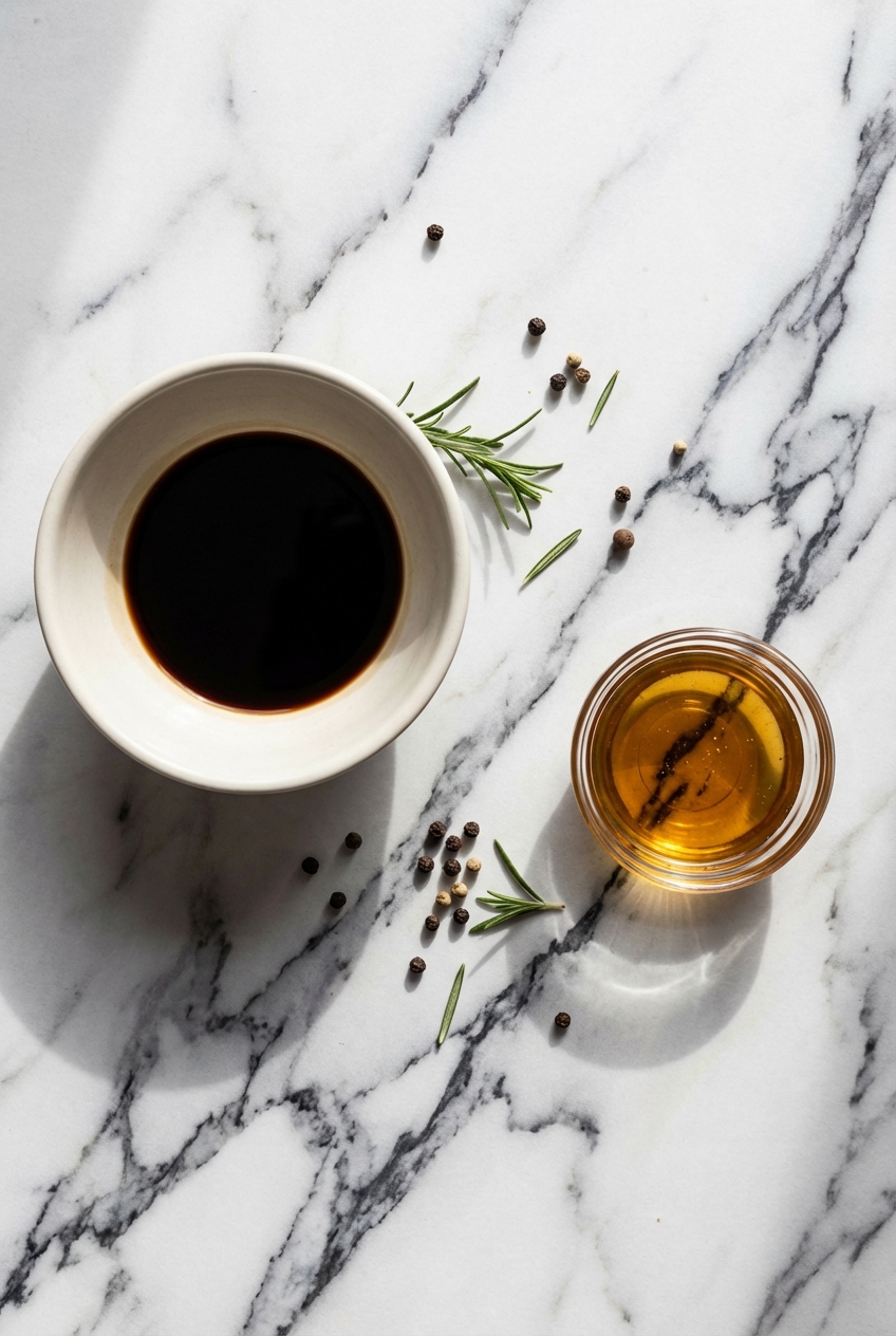 Flat lay of Balsamic Vinegar of Modena, a single star anise, and fresh orange zest on a stone surface.