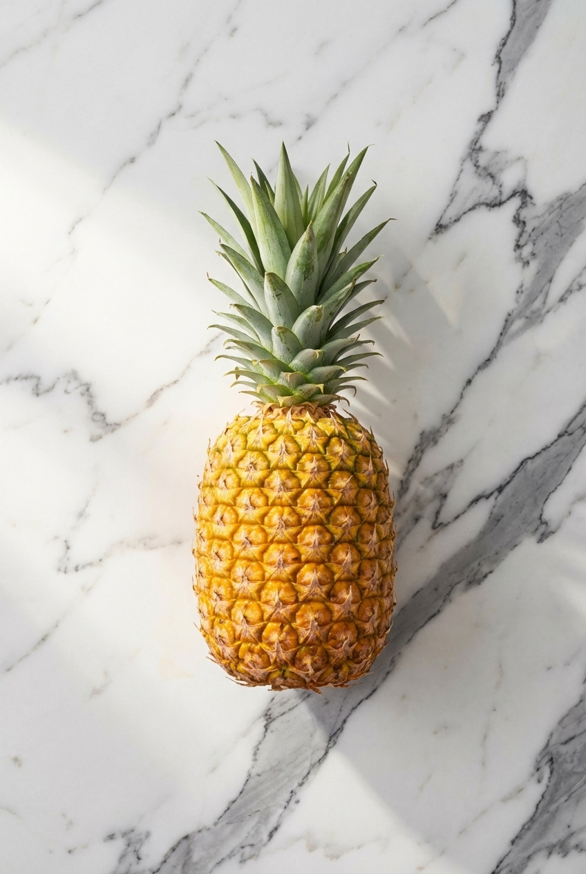 A fresh tropical fruit, Chef's knife, and wooden cutting board for how to cut a pineapple.