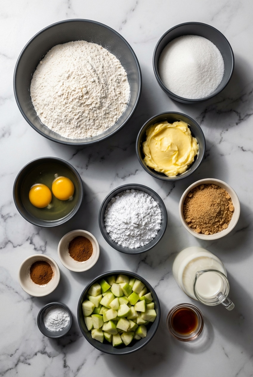 Flat lay of ingredients for awesome country apple fritter bread with Granny Smith apples and room temperature eggs.