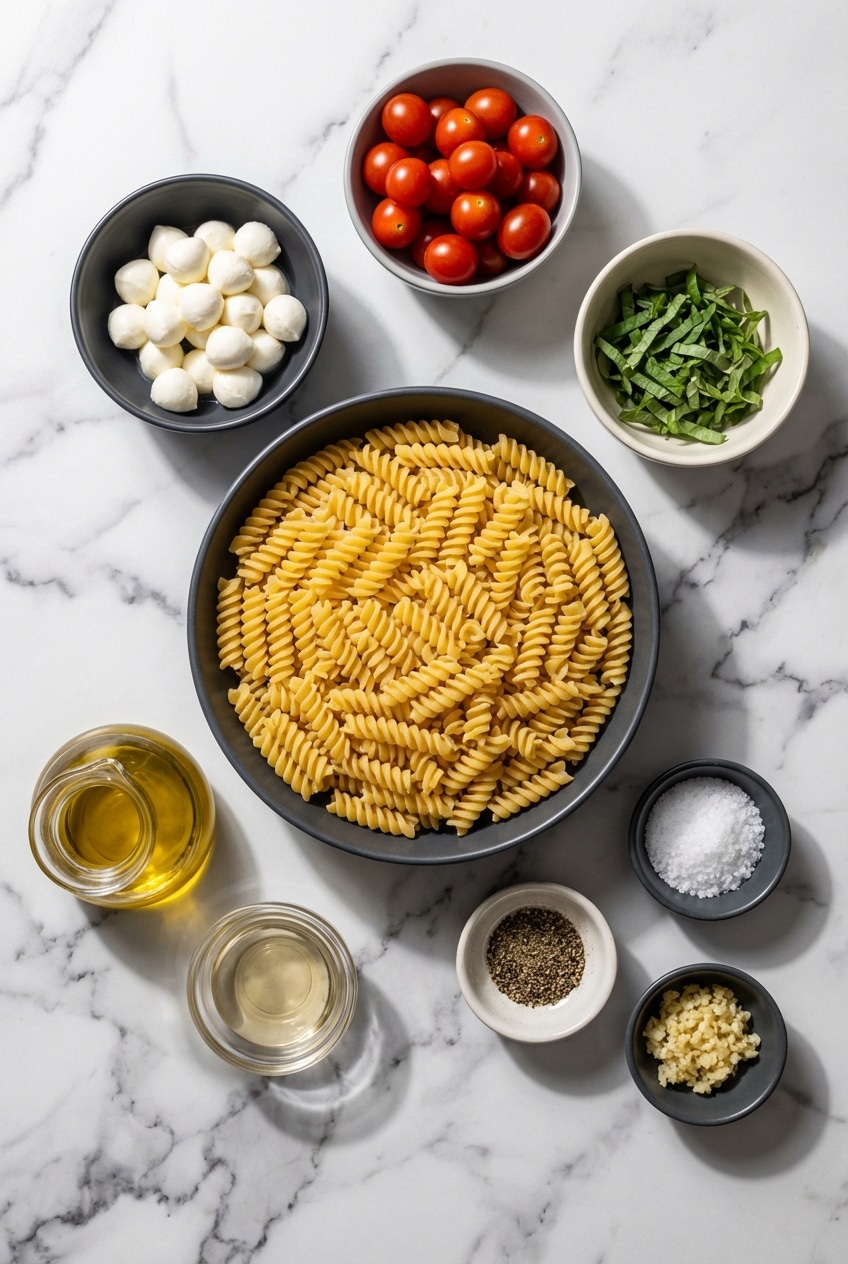 Ingredients for caprese pasta salad including fusilli, cherry tomatoes, extra virgin olive oil, and balsamic glaze.