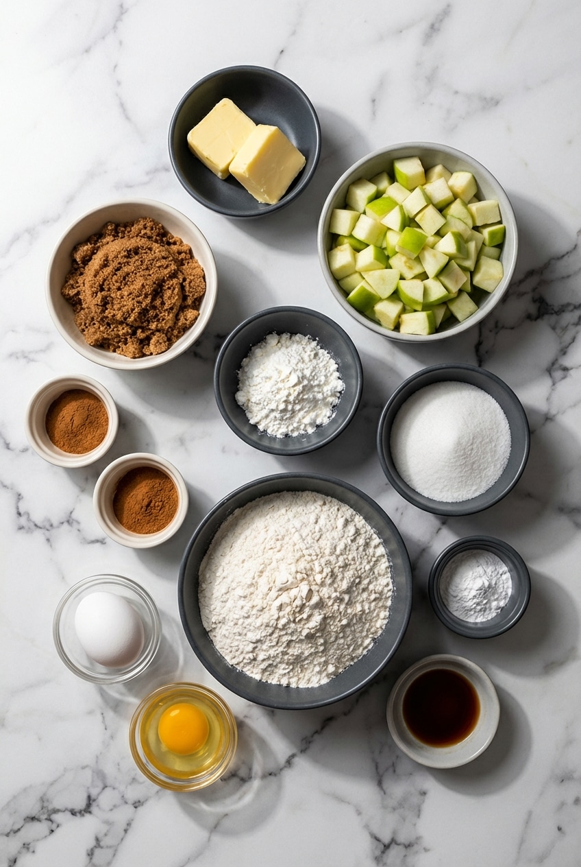 Flat lay of apple pie cookies ingredients including Granny Smith apples, cinnamon, and unsalted butter.
