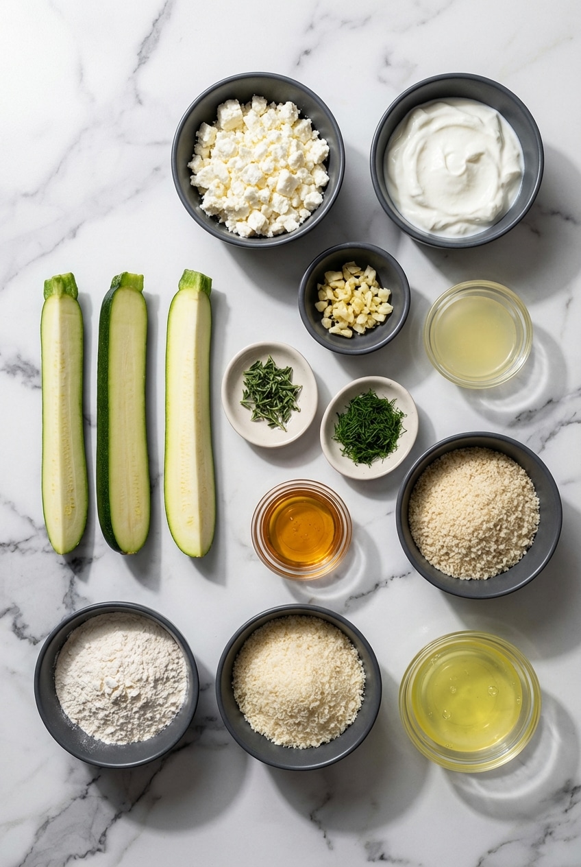 Zucchini spears, egg wash, Panko breadcrumbs, and Parmigiano-Reggiano for making baked zucchini fries.