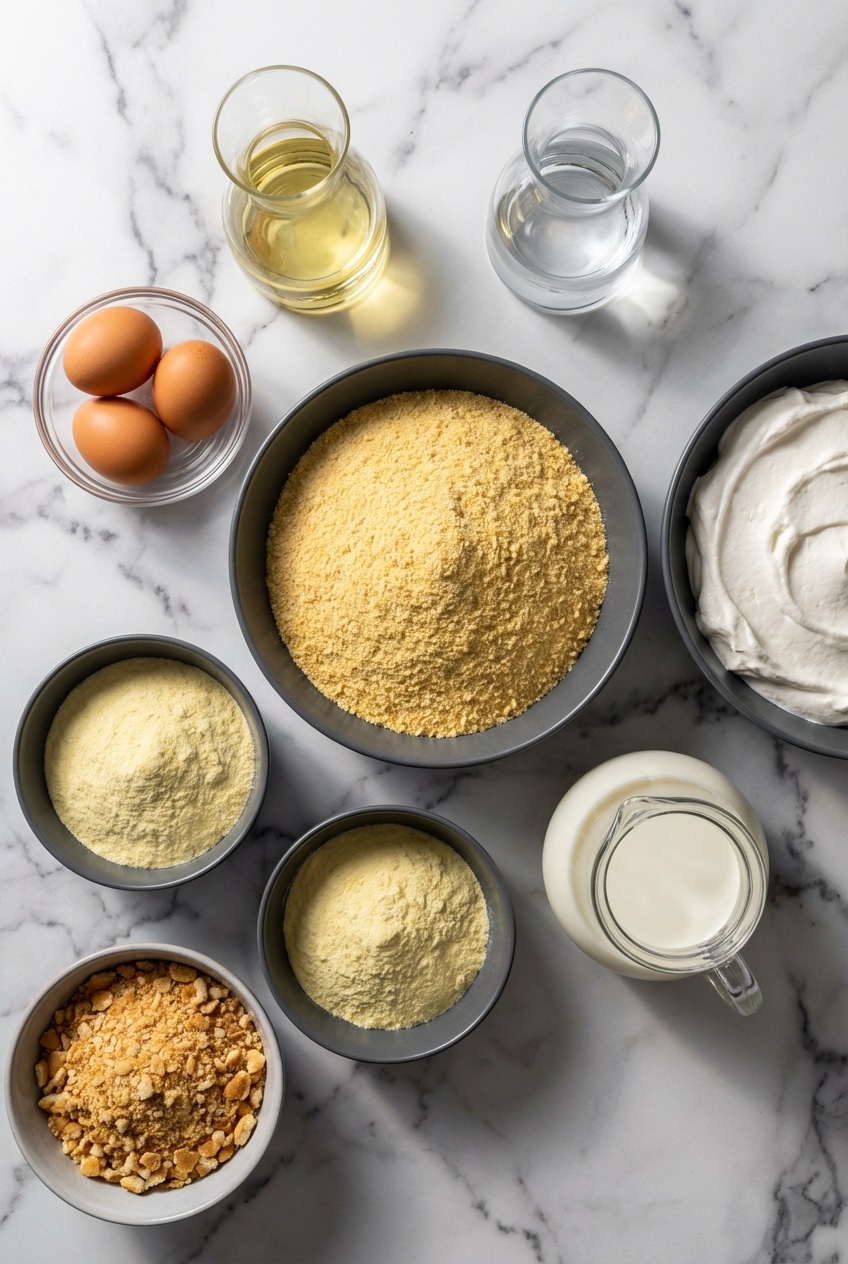 Flat lay of banana pudding cake ingredients featuring yellow cake mix, Nilla Wafers, and instant banana pudding.