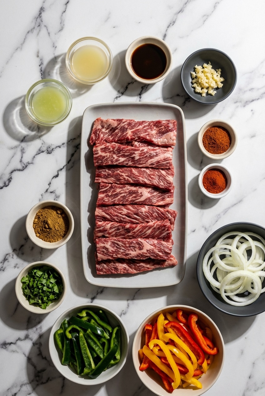 Raw ingredients for Beef Steak Fajitas including skirt steak, poblano pepper, Worcestershire sauce, and ground cumin.