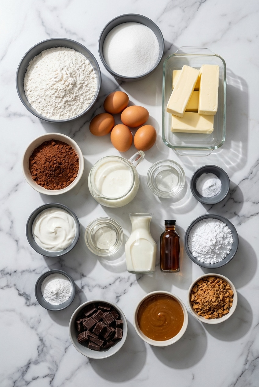 Flat lay of better than anything cake ingredients including Dutch-processed cocoa, condensed milk, and toffee bits.