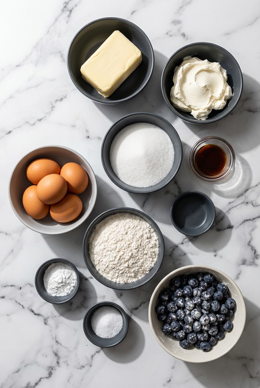 Flat lay of blueberry cream cheese loaf ingredients like all-purpose flour, baking powder, and unsalted butter.