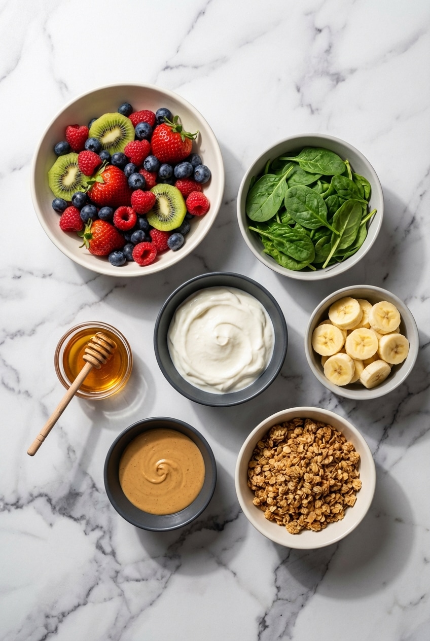 Flat lay of Greek yogurt, granola, chia seeds, and silicone molds for making breakfast popsicles.