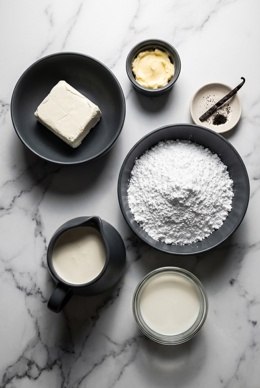 Flat lay of brick-style cream cheese, confectioners' sugar, vanilla bean paste, and heavy whipping cream.