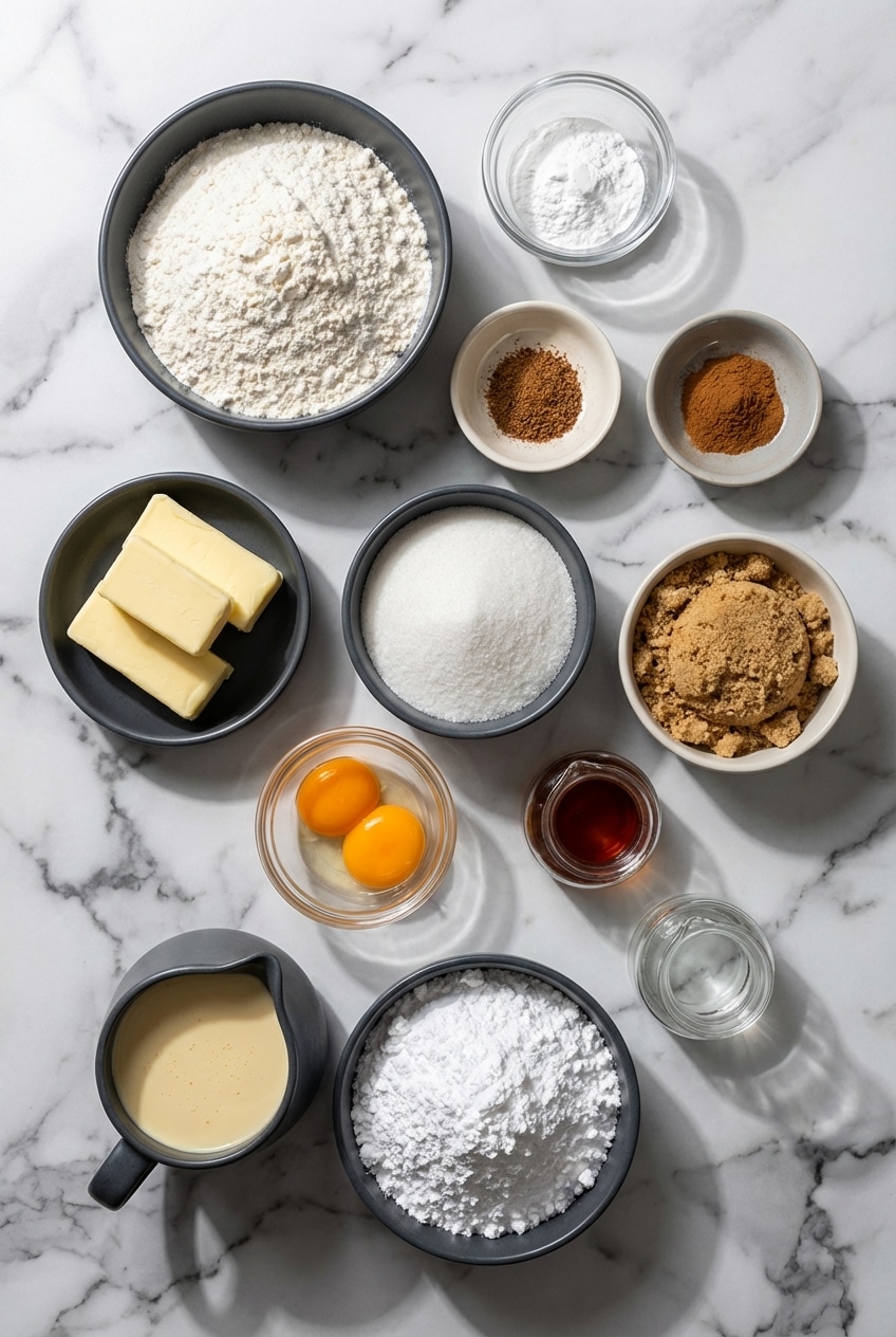 Raw ingredients for eggnog cookies including all-purpose flour, ground nutmeg, and unsalted butter.