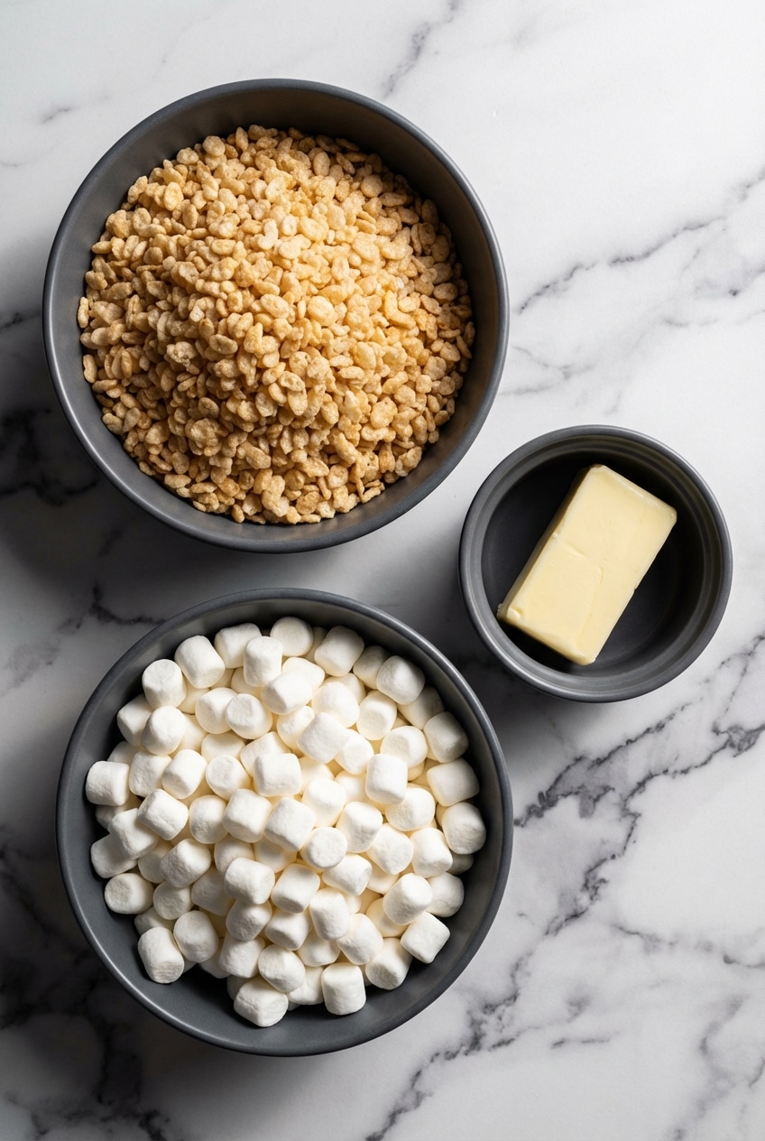 Flat lay of crispy rice cereal, mini marshmallows, and unsalted butter for this rice krispie treats recipe.