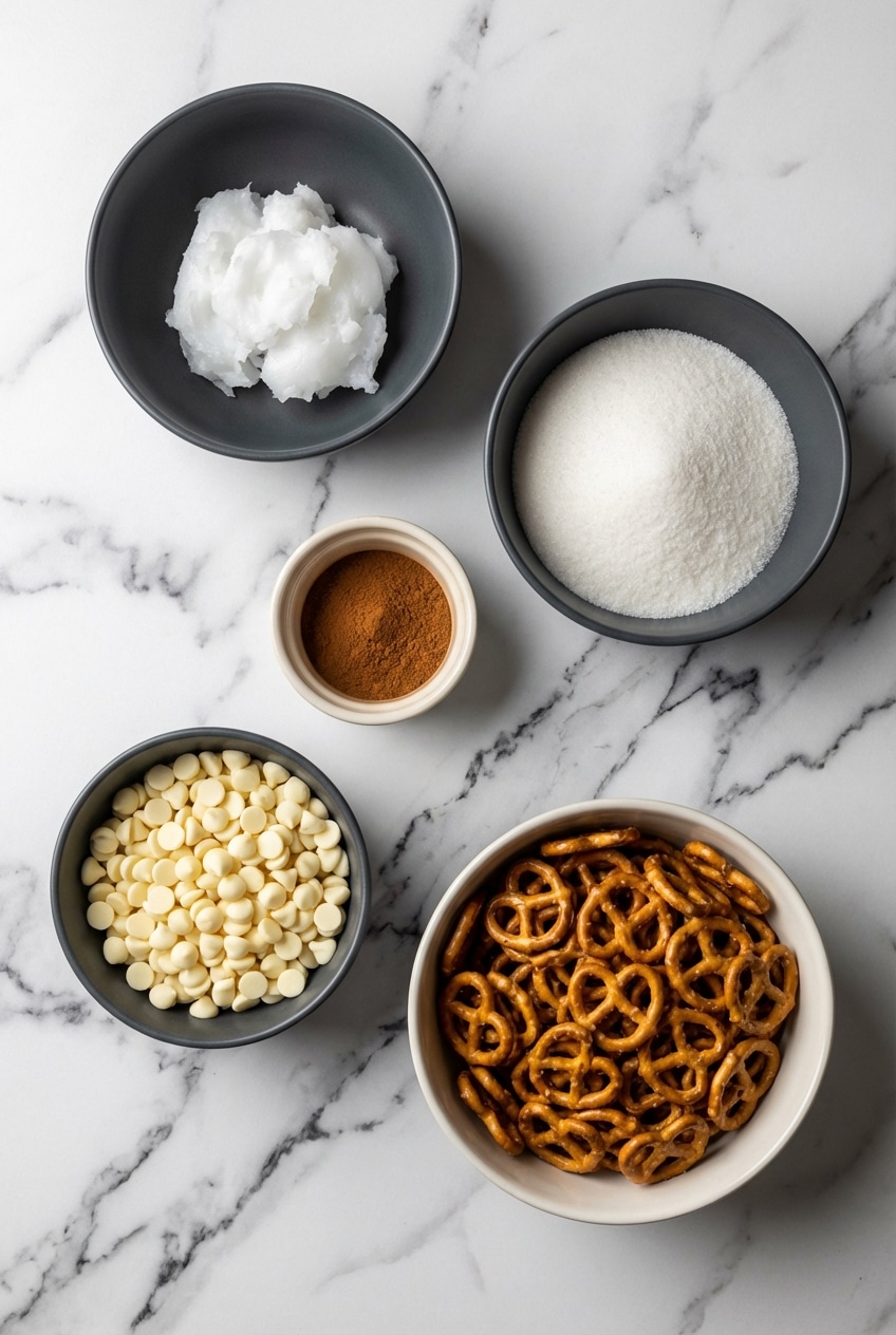 Flat lay of ingredients for cinnamon sugar pretzels including coconut oil, vanilla, and the perfect cinnamon sugar ratio.