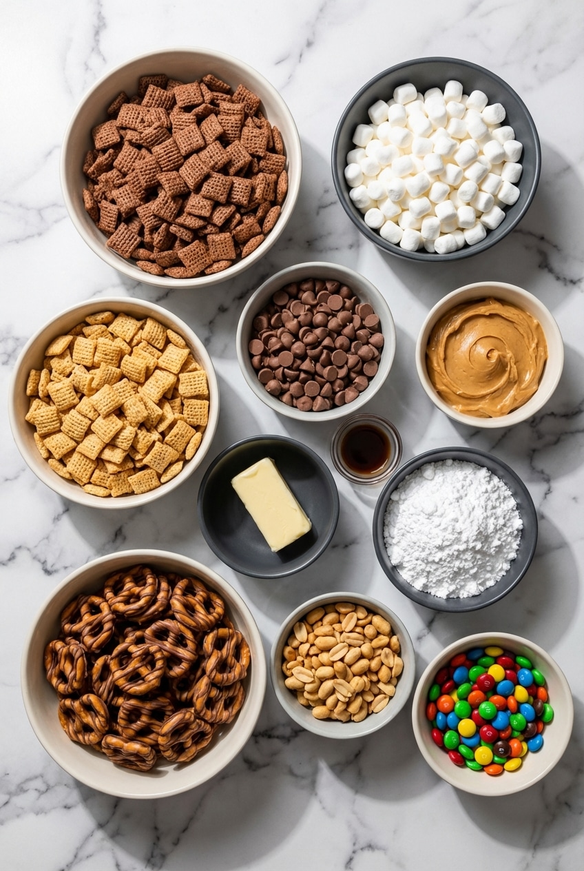 Ingredients for trail mix muddy buddies recipe: Chex cereal, semi-sweet chocolate chips, peanut butter, and marshmallows.