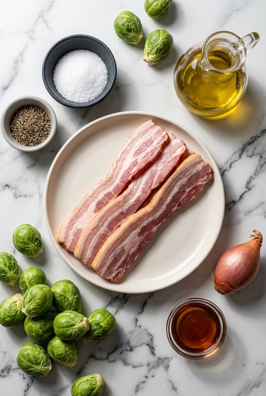 Flat lay of raw brussels sprouts with bacon, thick-cut bacon strips, shallots, and pure maple syrup.