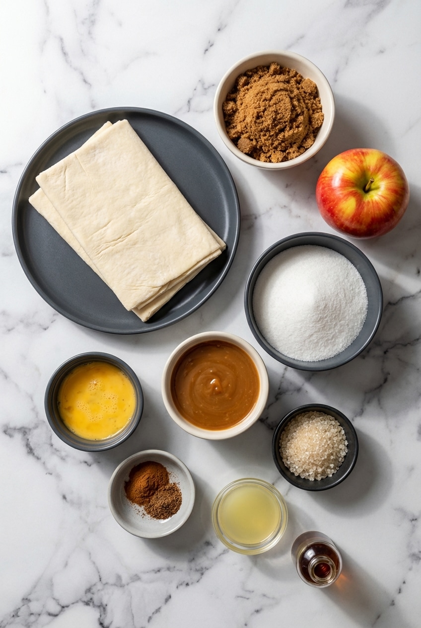 Raw ingredients for caramel apple puff pastries including Honeycrisp apples, puff pastry, and salted caramel.