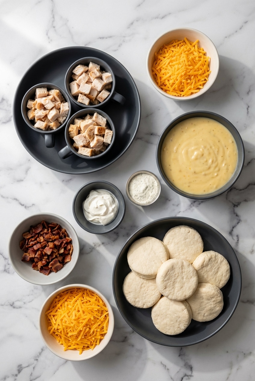 Ingredients for chicken bubble biscuit bake casserole with rotisserie chicken, biscuits, and ranch seasoning mix.