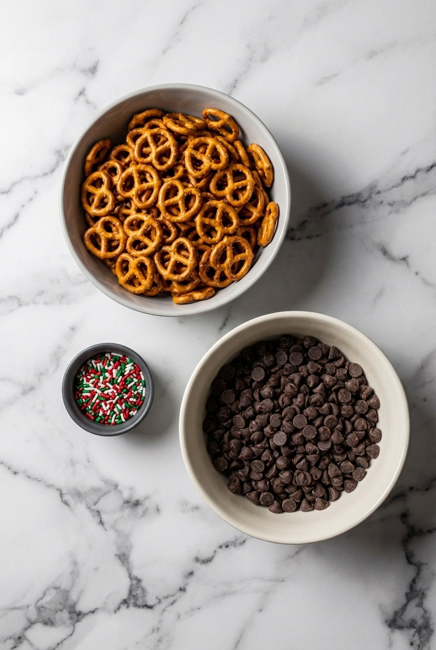 Flat lay of semi-sweet chocolate, cocoa butter, and pretzels on parchment paper for chocolate covered pretzels.