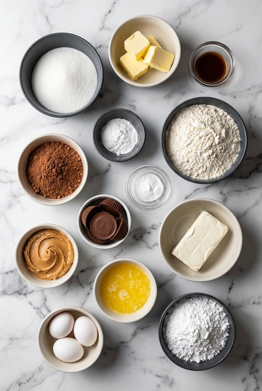 Pantry staples for chocolate peanut butter ooey gooey cake including Devil's food cake mix, peanut butter cups, and cream cheese.