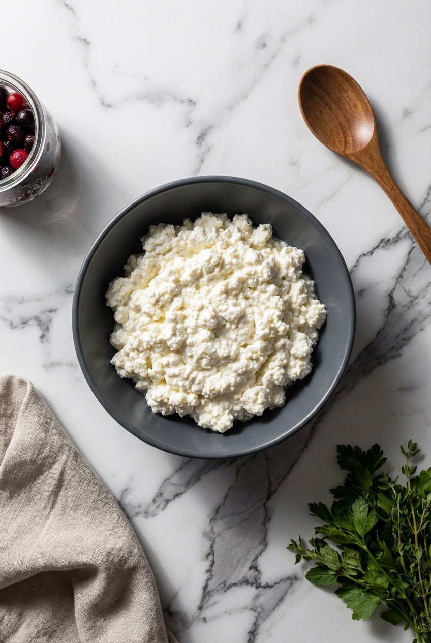 Small curd cottage cheese, nutritional yeast, and smoked paprika arranged for making cottage cheese chips.