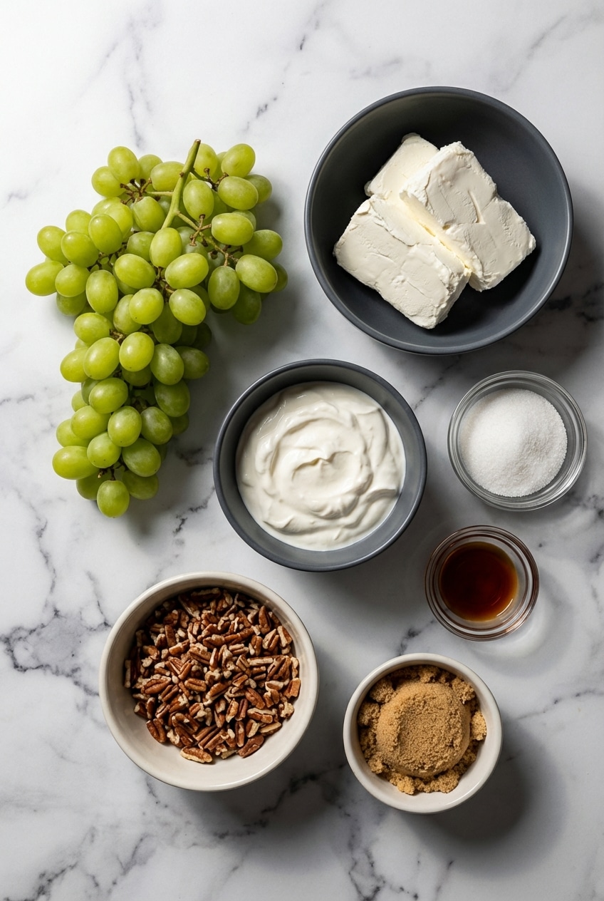 Flat lay of grape salad ingredients including seedless grapes, cream cheese, sour cream, and pecans.