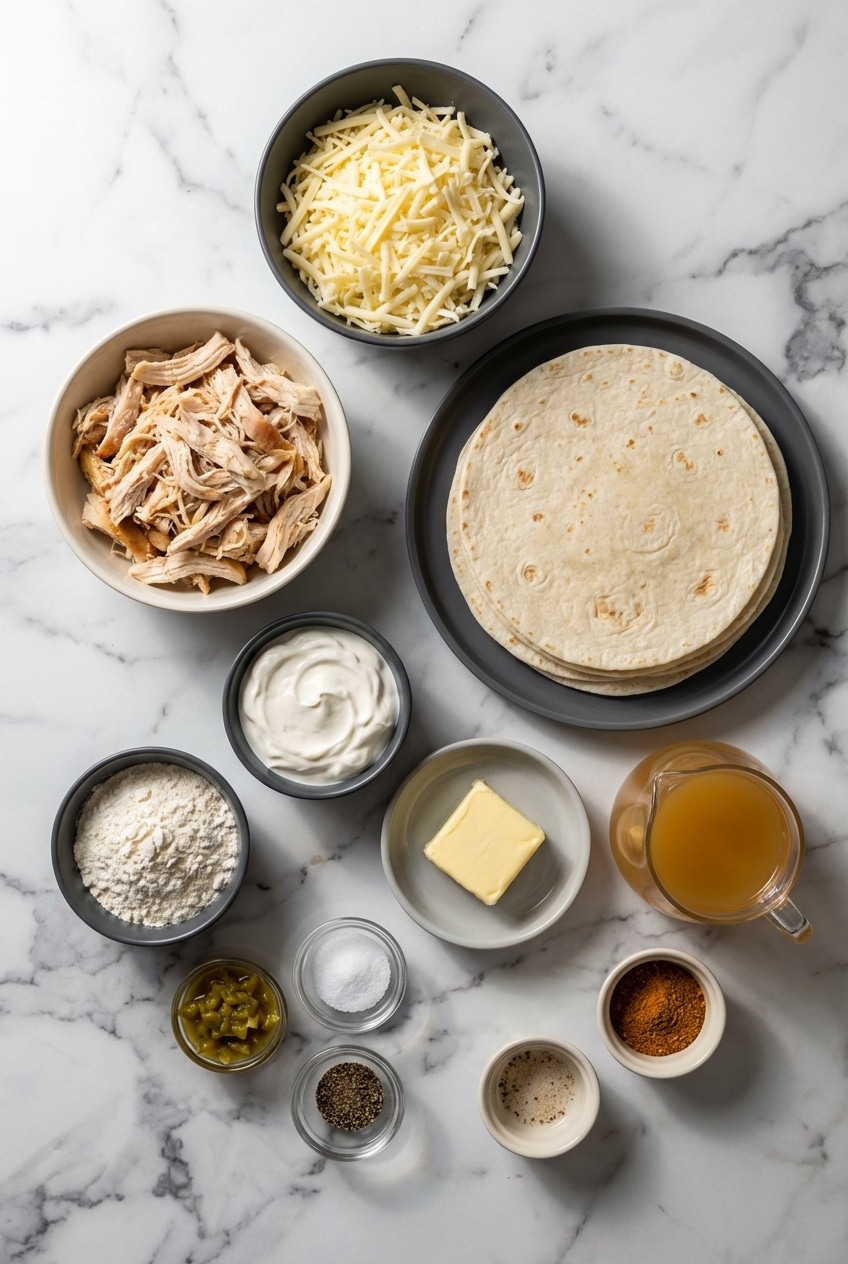 Ingredients for creamy white chicken enchiladas including rotisserie chicken, sour cream, green chiles, and adobo seasoning.