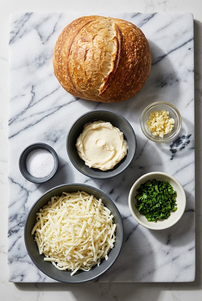 A flat lay of ingredients for cheesy garlic bread recipe including ciabatta, unsalted butter, and fresh garlic.