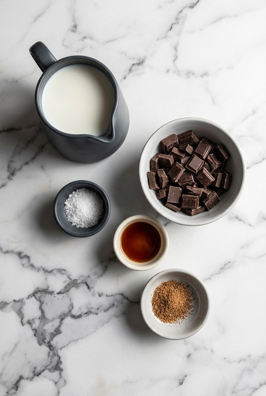 Overhead view of French Hot Chocolate ingredients including bittersweet chocolate, cacao solids, whole milk, and orange.