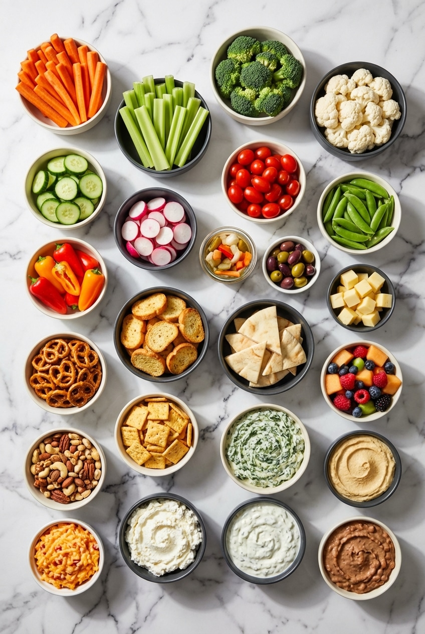 Overhead view of heirloom vegetables, hummus, and tzatziki ingredients for a fiber-rich veggie platter.