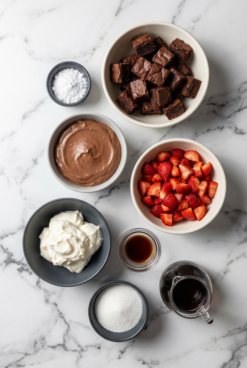 Ingredients for brownie strawberry trifle including boxed brownie mix, instant pudding, and fresh strawberries.