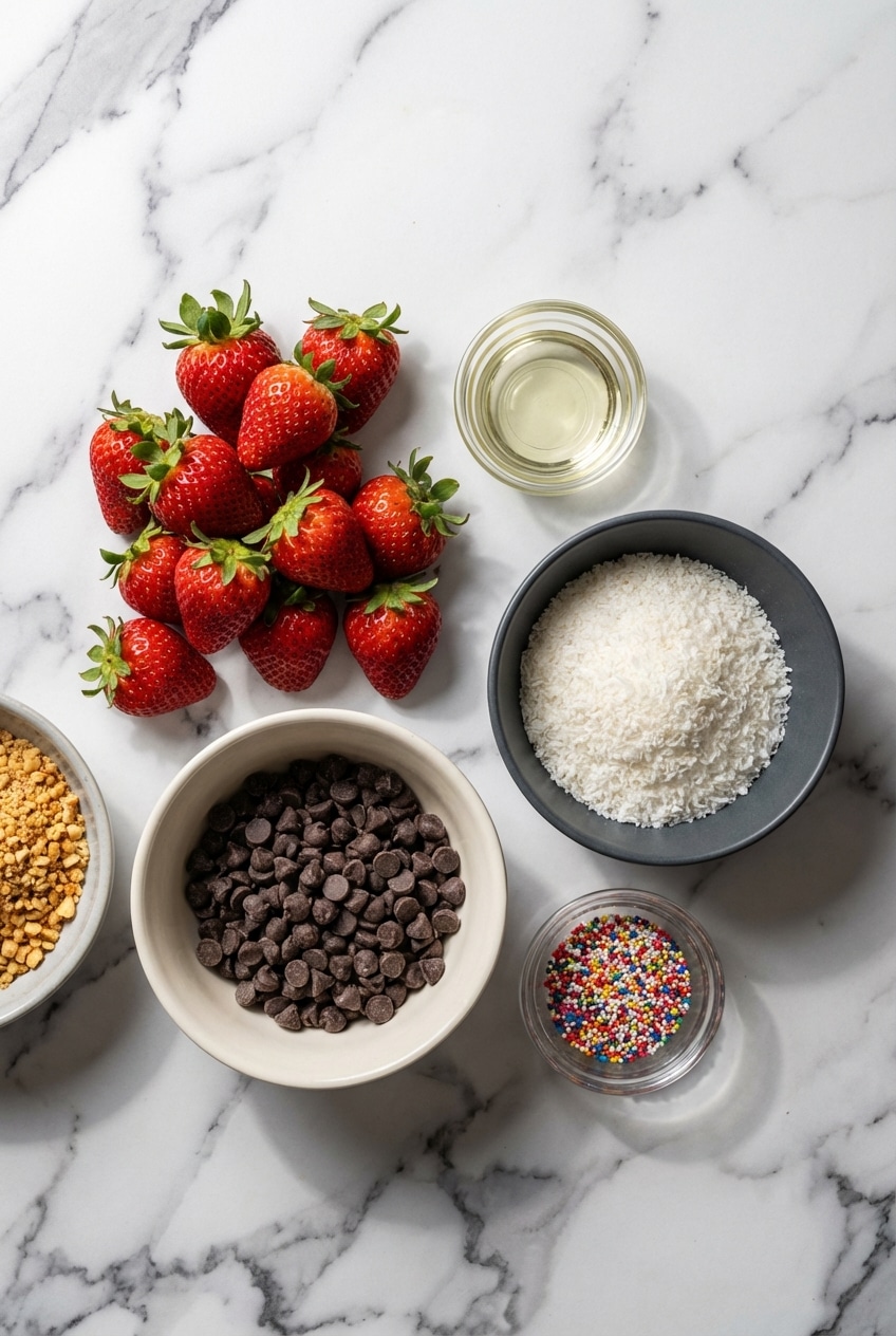 Flat lay of strawberries, couverture chocolate, instant espresso, and cornstarch for making chocolate covered strawberries.