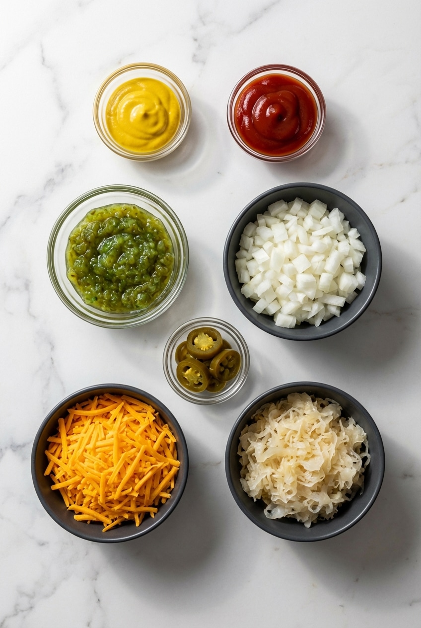 Flat lay of hot dog toppings ingredients including all-beef franks, brioche buns, and sauerkraut.