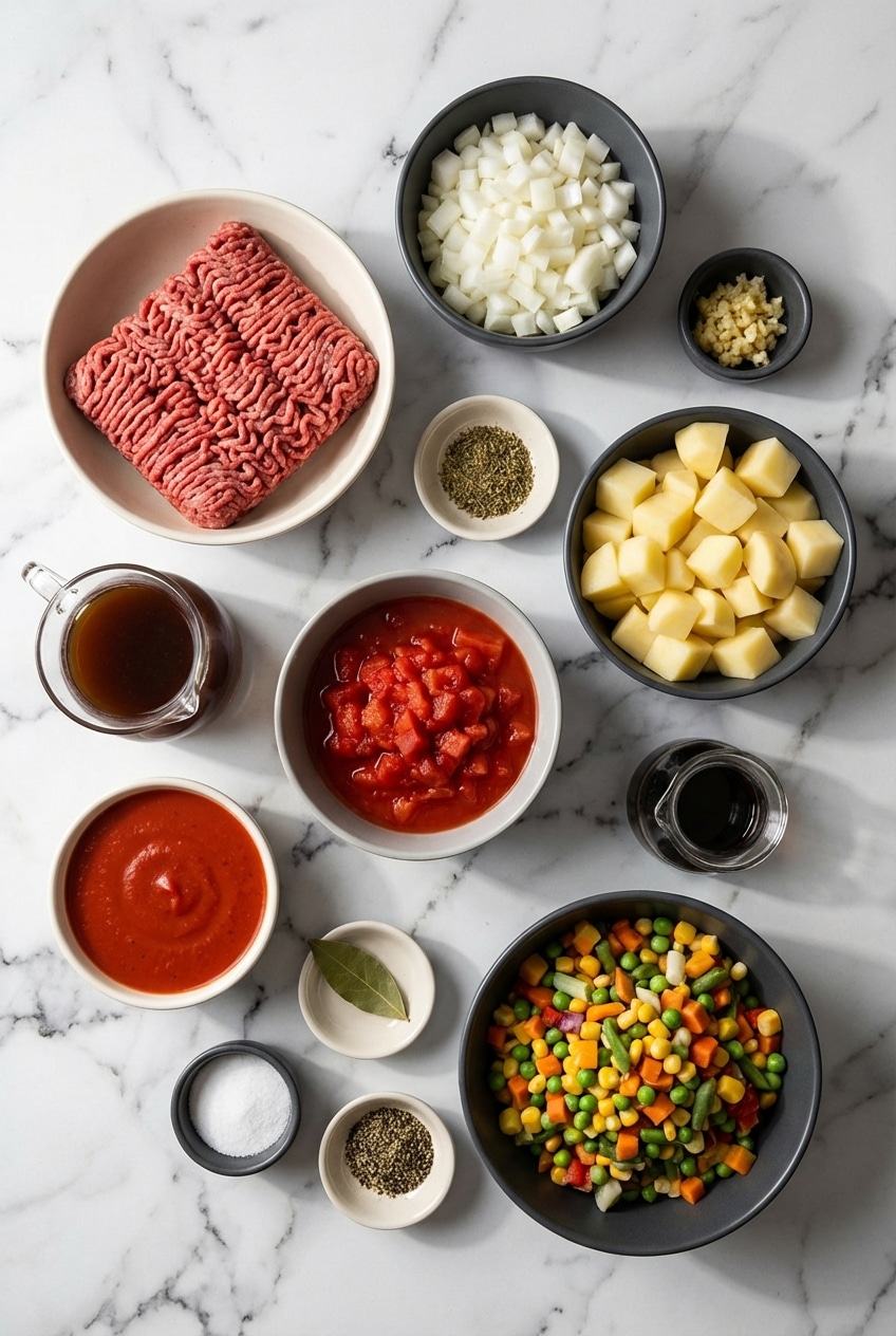 Raw ingredients for hamburger soup recipe including ground chuck, mirepoix, potatoes, beef broth, and tomato paste.