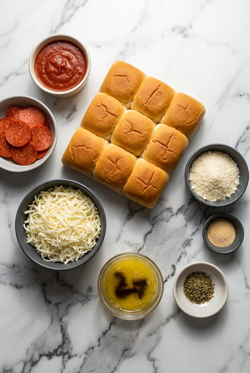 Ingredients for pizza sliders hawaiian rolls including marinara sauce, mozzarella cheese, and pepperoni on a counter.