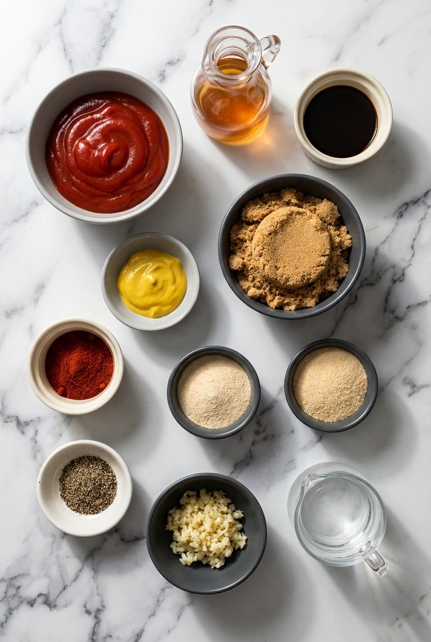 Raw ingredients for homemade bbq sauce recipe including tomato ketchup, brown sugar, and apple cider vinegar.