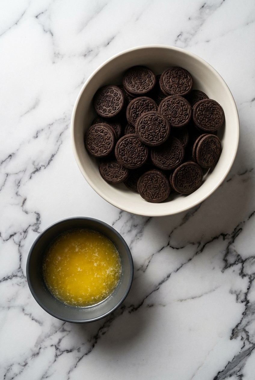 Flat lay of chocolate sandwich cookies, unsalted butter, and espresso powder for an oreo pie crust.