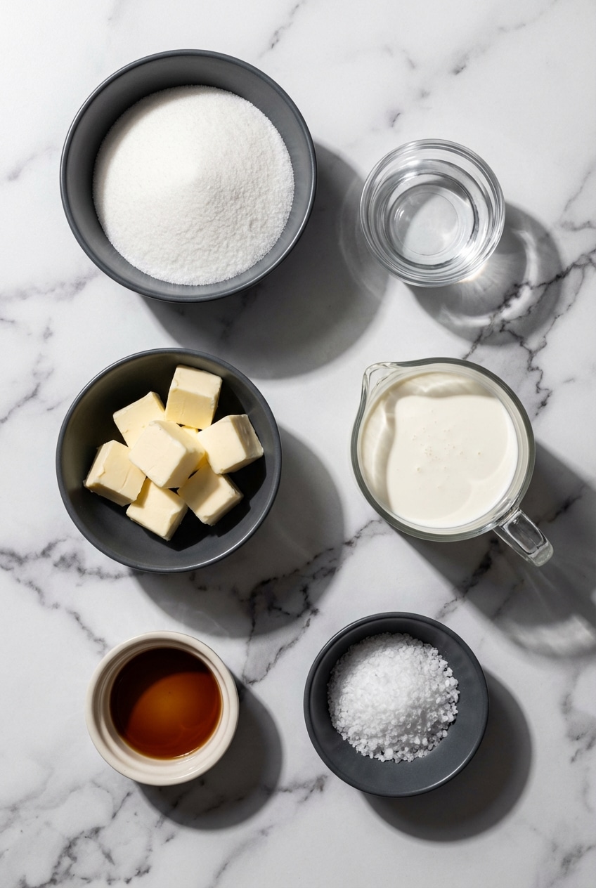 Overhead view of heavy whipping cream, unsalted butter, sucrose, and Maldon sea salt for homemade salted caramel sauce.