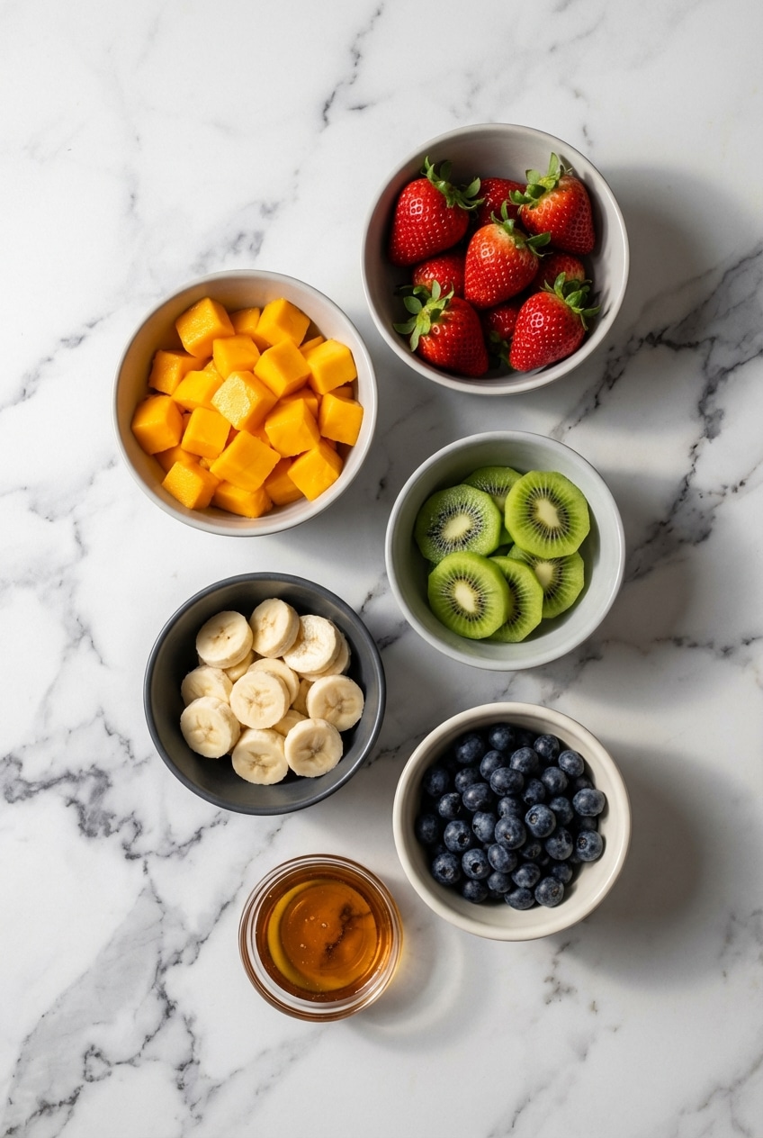Flat lay of seasonal fruit, lime zest, and honey for Honey Lime Rainbow Fruit Salad maceration.