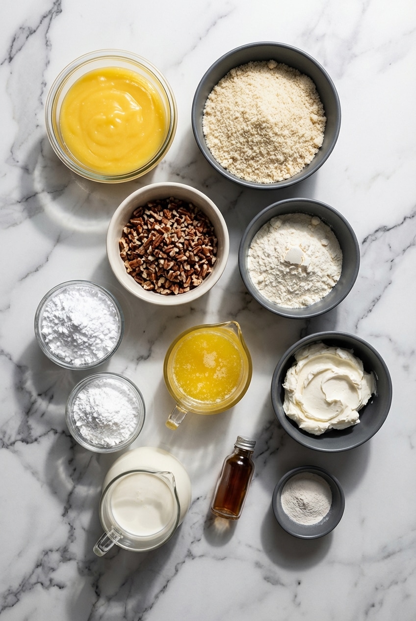 Overhead view of almond flour, pecans, cream cheese, and lemon curd ingredients for a keto lemon lush dessert.