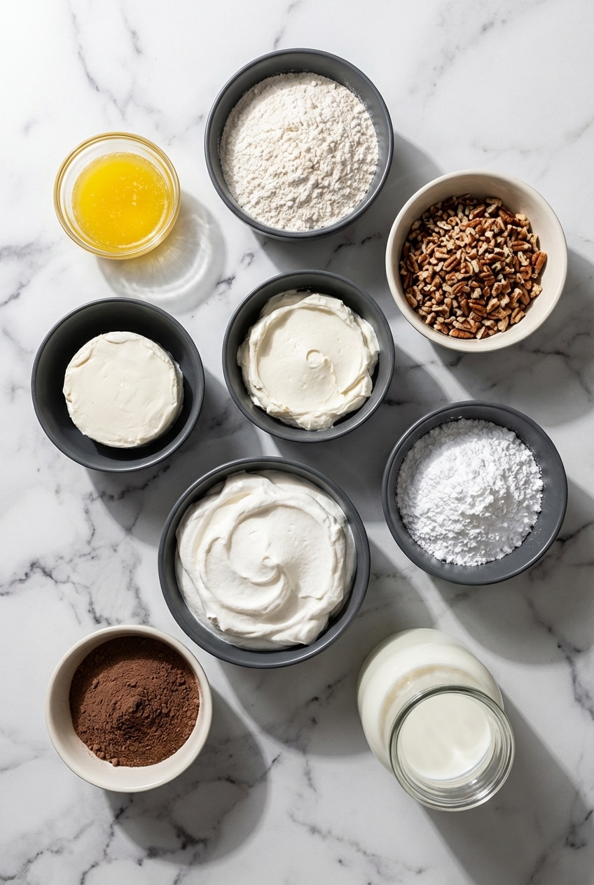 Ingredients for four layer delight including cream cheese, chopped pecans, instant pudding mix, and Cool Whip.
