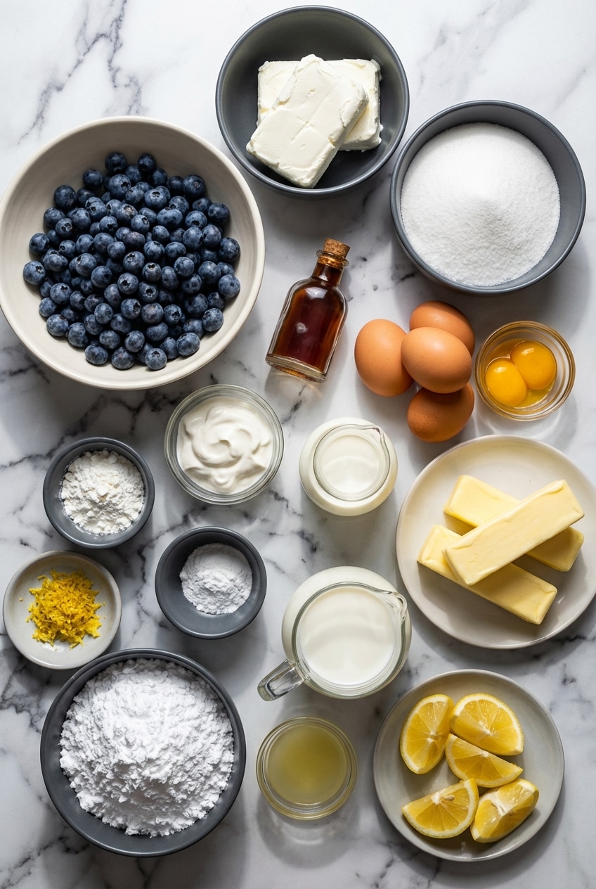 Overhead view of ingredients for lemon blueberry cheesecake cake including cream cheese, buttermilk, and lemon zest.