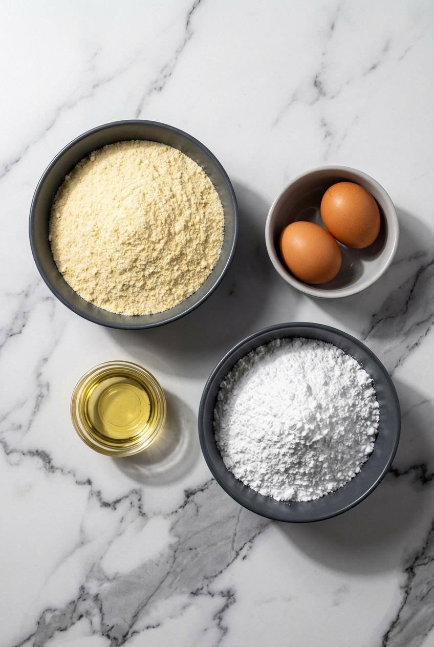 Overhead view of lemon cake mix cookies ingredients including vegetable oil, lemon zest, and confectioners sugar.