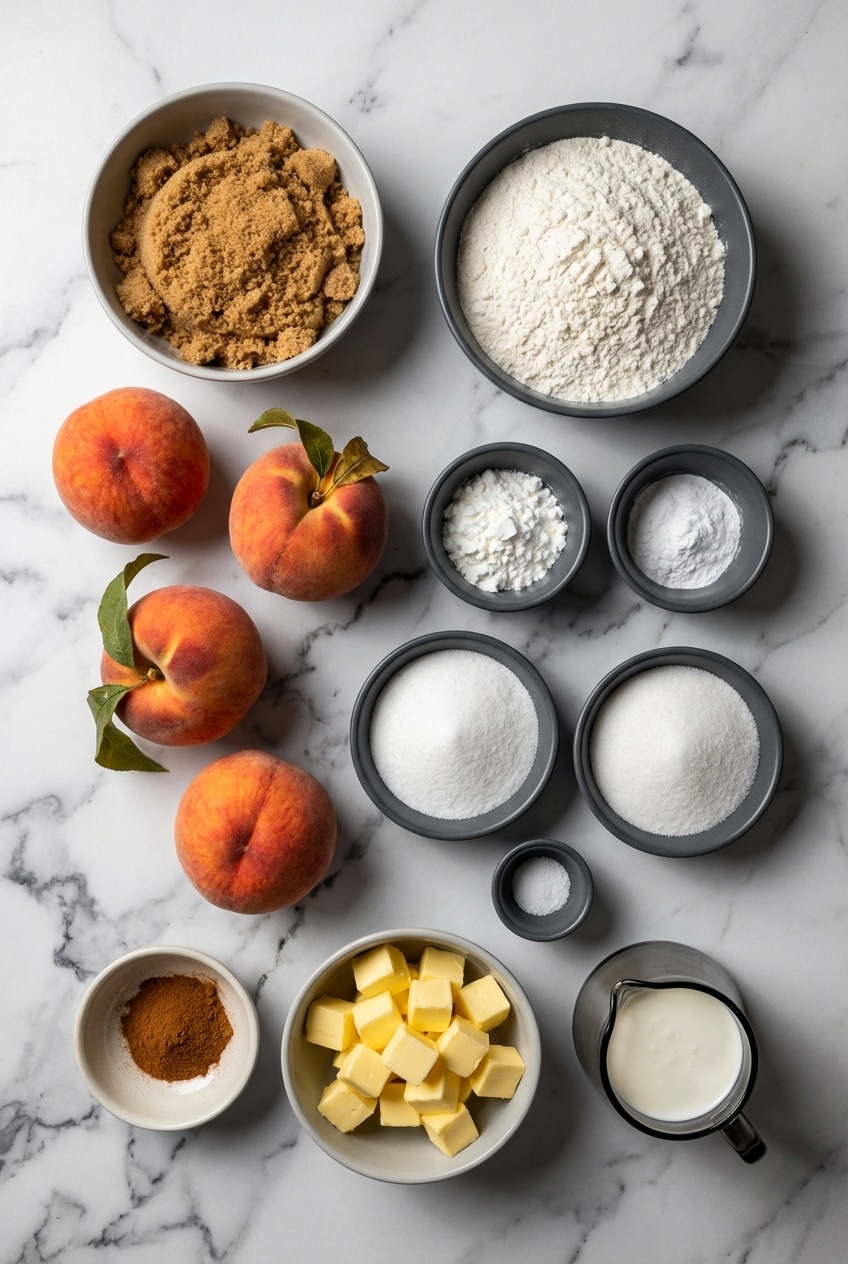 Flat lay of mini peach cobbler ingredients with yellow peaches, cold butter, and all-purpose flour.