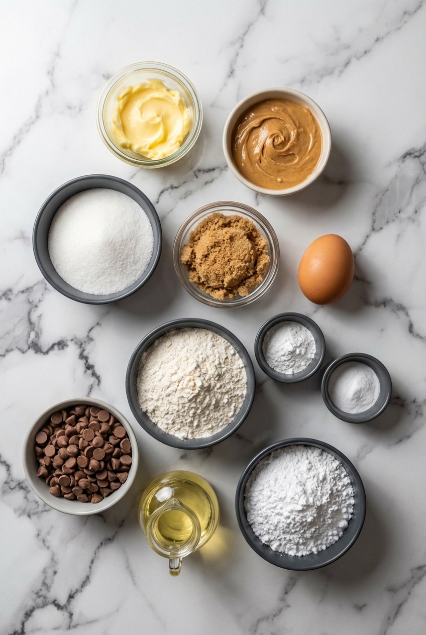 A flat lay of ingredients for muddy buddy cookies including milk chocolate chips, creamy peanut butter, and brown butter.