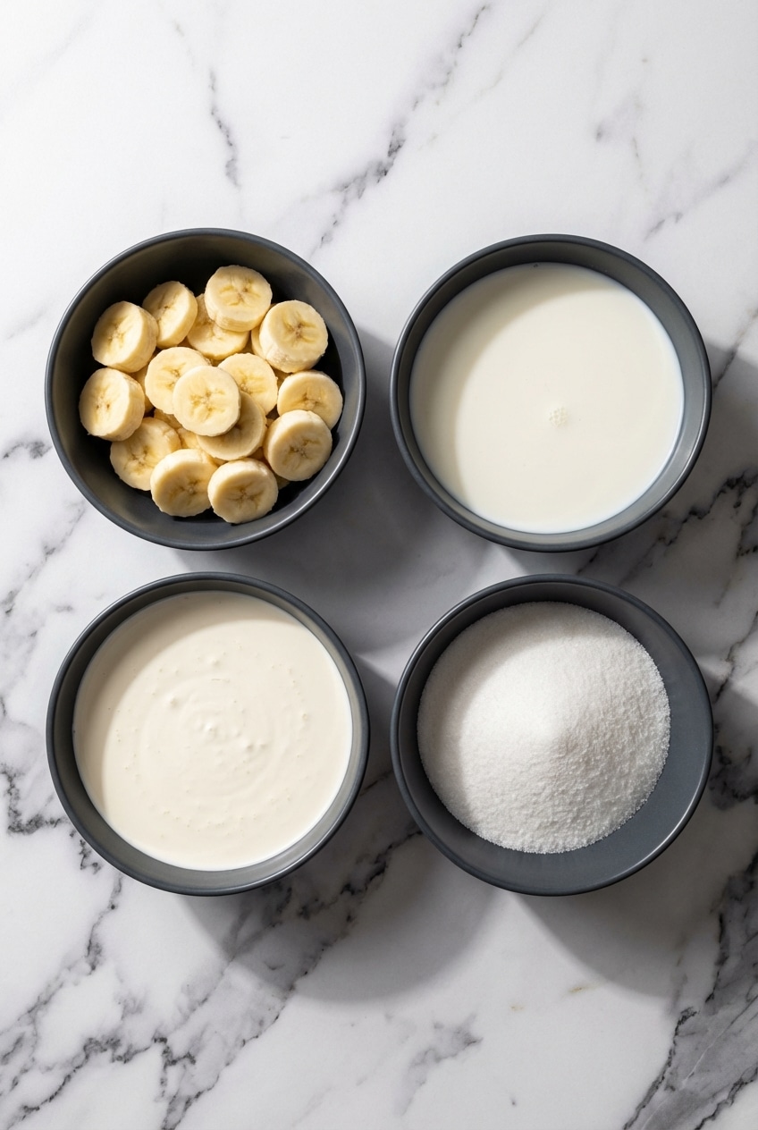 Flat lay of Ninja Creami recipe ingredients including Fairlife milk, xanthan gum, and a pint container.