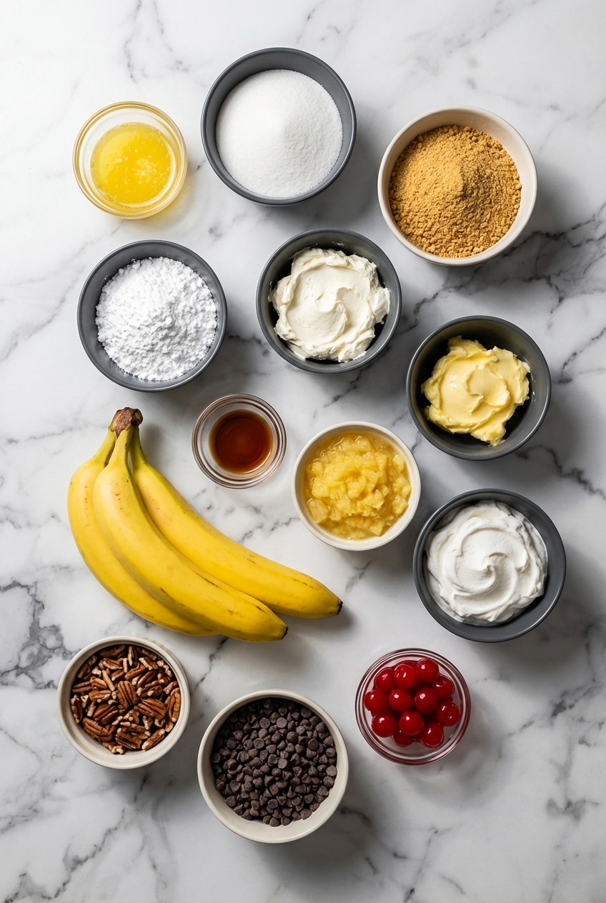 Overhead view of ingredients for no bake banana split dessert including graham cracker crumbs, bananas, and cherries.