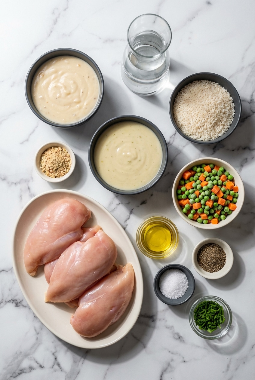 Pantry staples for no peek chicken and rice including Minute Rice and Lipton onion soup mix.