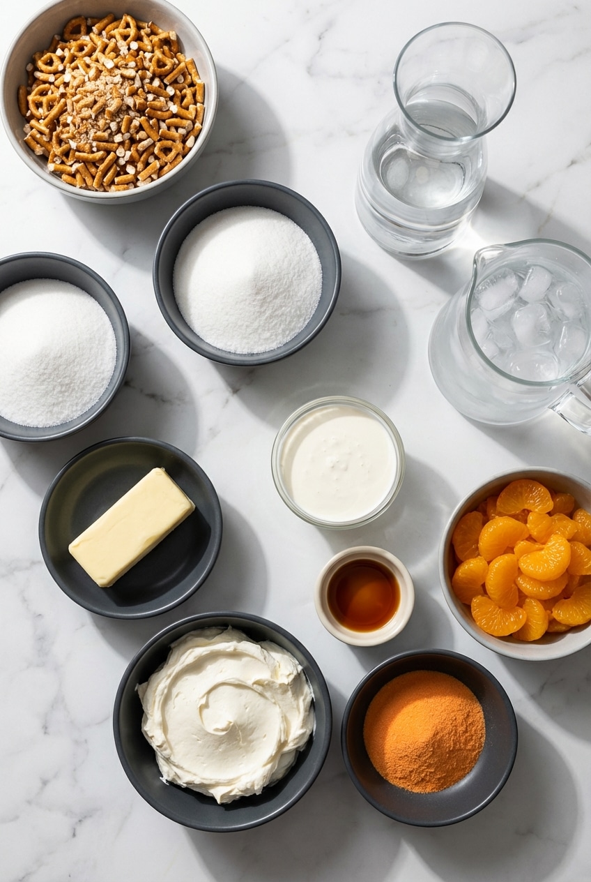 Mandarin oranges, cream cheese, pretzels, and heavy whipping cream for an orange pretzel parfait flat lay.