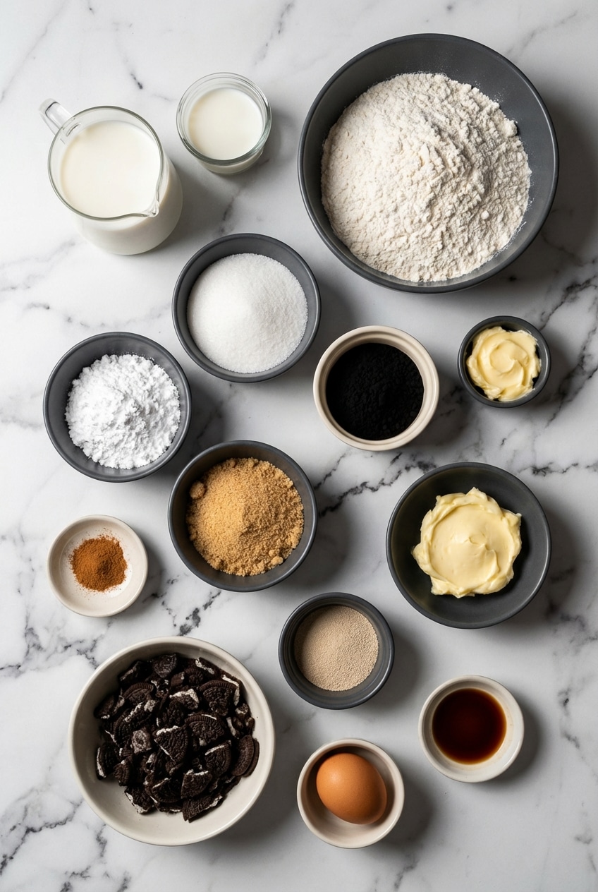 Flat lay of ingredients for oreo stuffed cinnamon rolls including black cocoa powder, Oreo cookies, and instant yeast.